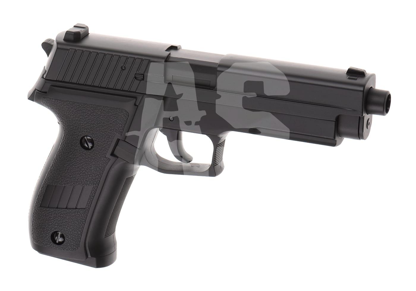 Schwarze Airsoft-Pistole mit strukturiertem Griff und glattem Schlitten, seitlich abgebildet.