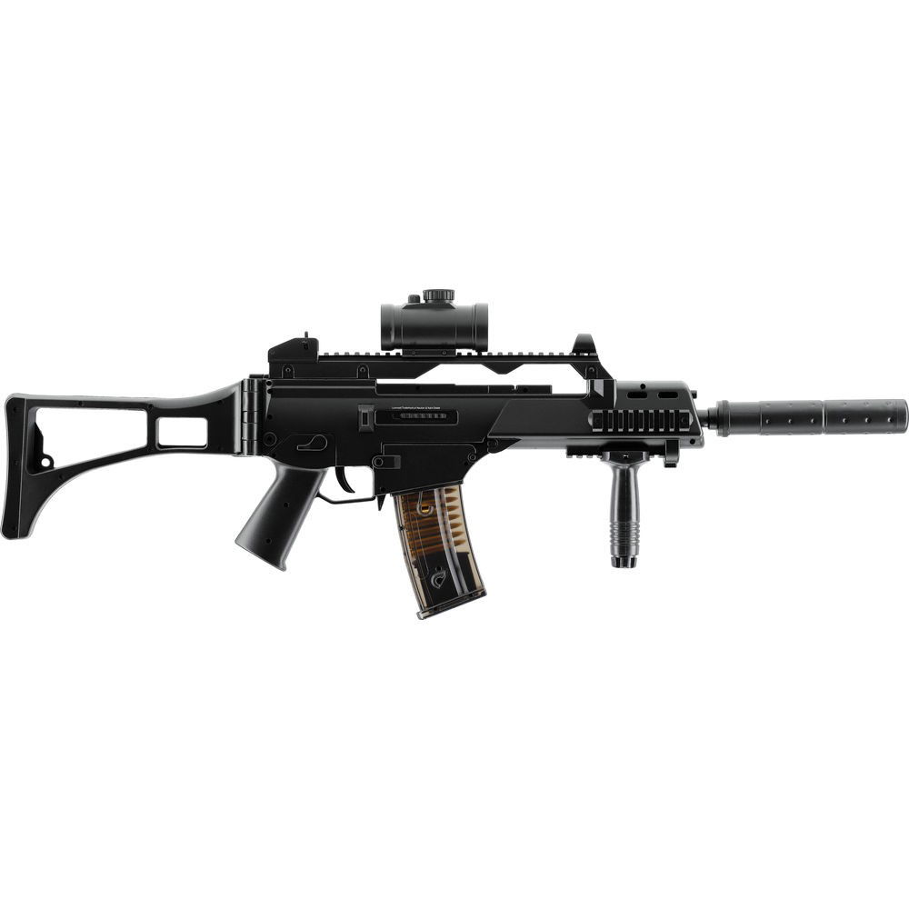 Schwarze Airsoft-Waffe mit Optik, Klappschaft und Frontgriff, im Profilansicht.