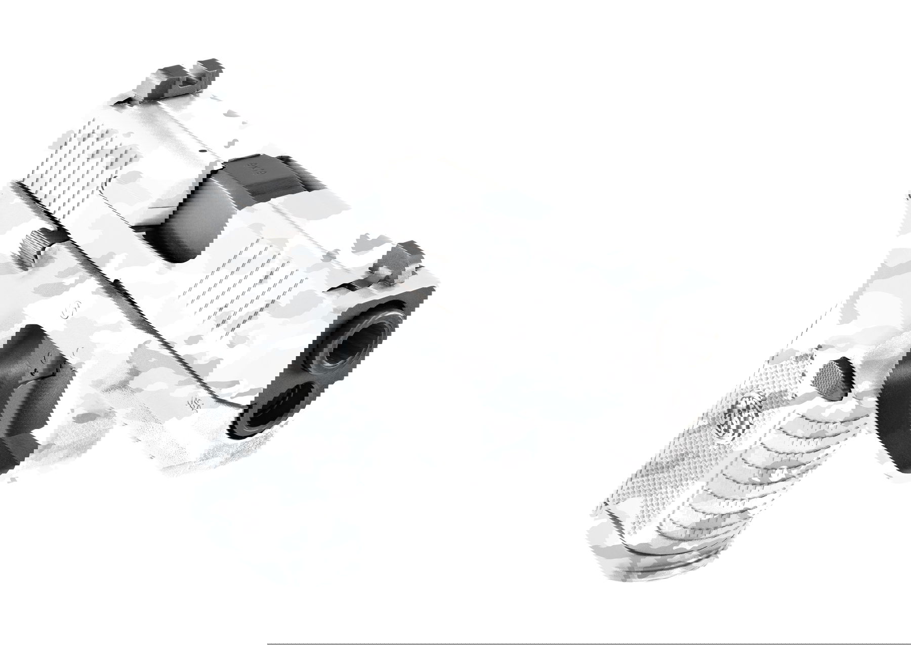 Airsoft-Pistole mit weißem Tarnmuster, markantem Griff und detailliertem Schlitten.