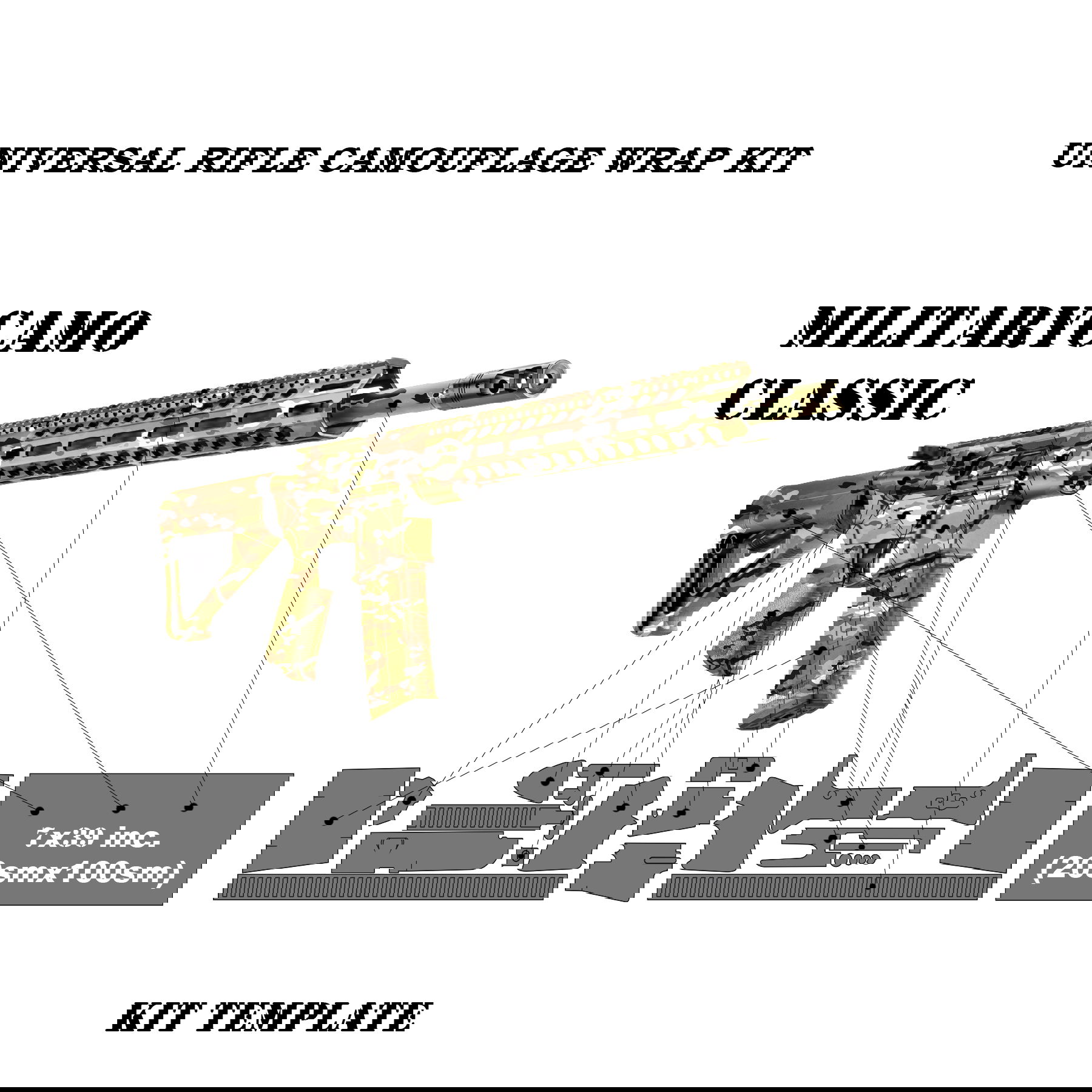 Tarnklebefolie-Set für Gewehre, Militär-Camouflage-Design, inklusive Schablonen für individuelle Anpassung.