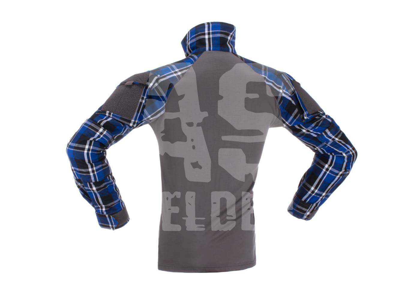 Flannel Combat Shirt Taktisches Langarmshirt mit grauem Rücken und blauen karierten Ärmeln für Airsoft.