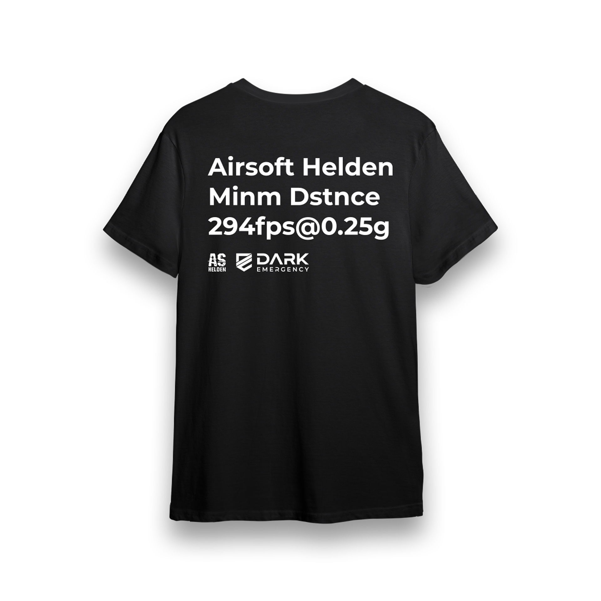 Airsoft Helden - T-Shirt Dstnce Schwarzes T-Shirt mit Airsoft-Aufdruck "Airsoft Helden Minm Dstnce 294fps@0.25g" und Logos.