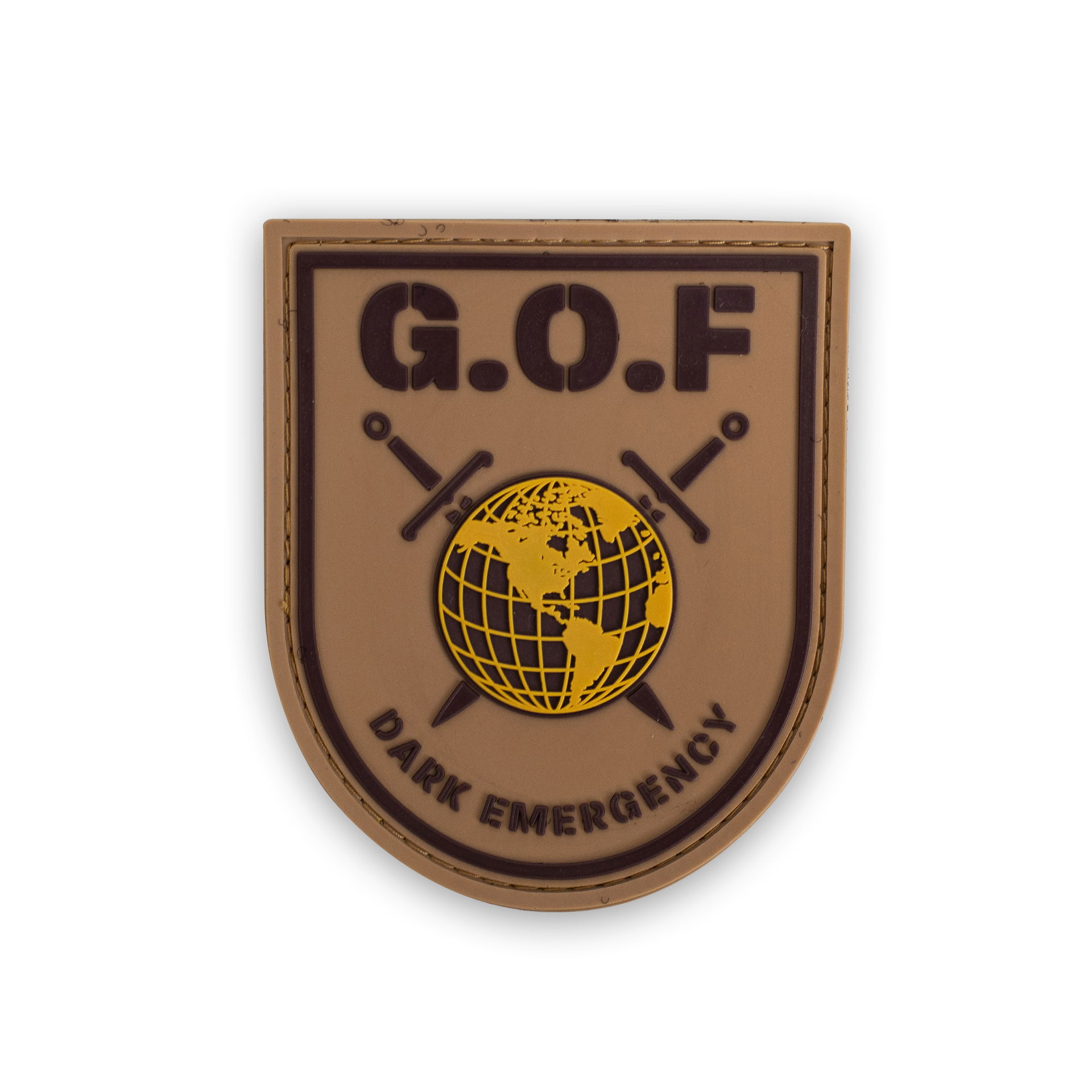 Braunes Airsoft-Patch mit "G.O.F" und Weltkugel, zwei Schwerter; Text "Dark Emergency".