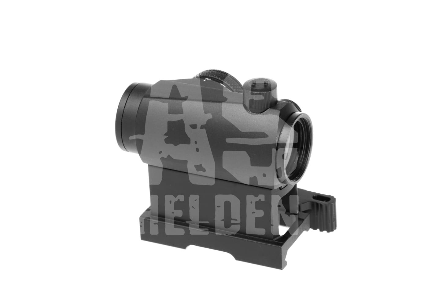 Airsoft-Visier mit Röhre und Montage, seitliche Ansicht, grauer Hintergrund.