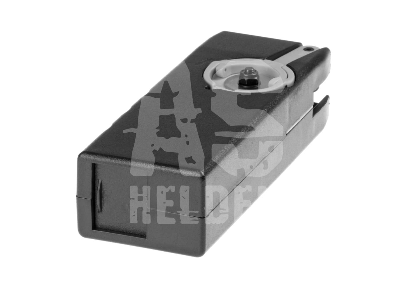 Schwarzes Airsoft-Wind-Up Magazin mit Kurbel für BBs.