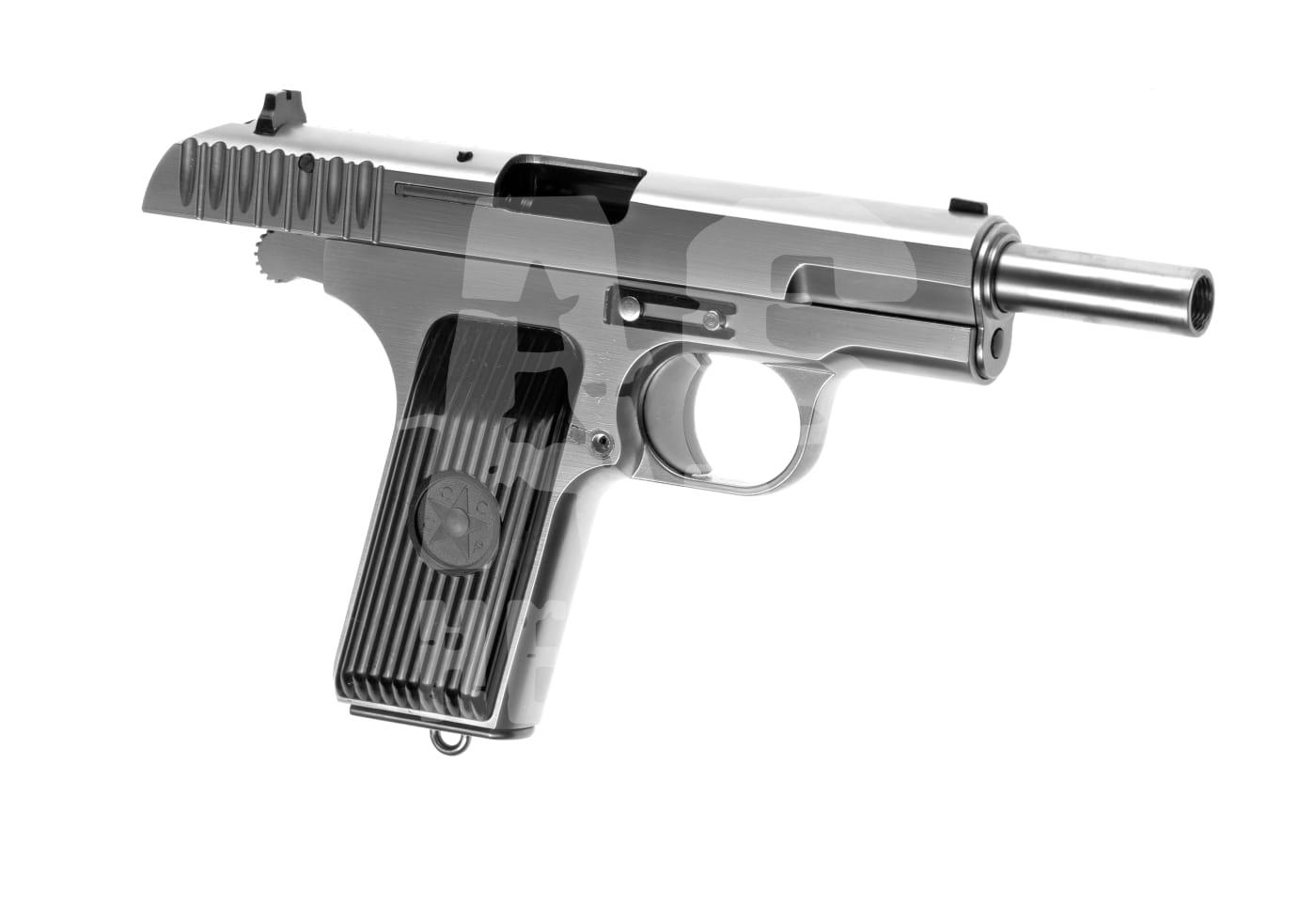 Airsoft-Pistole in silbernem Finish, rechte Seitenansicht, mit strukturiertem Griff und freiliegendem Lauf.