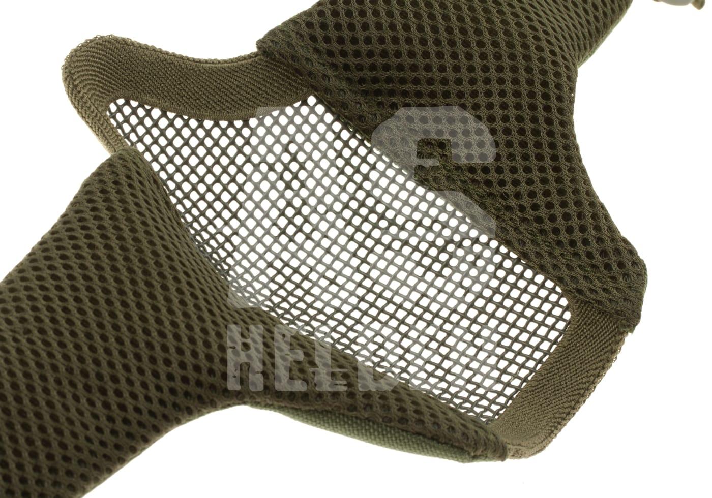 Olivgrüne Airsoft-Gesichtsmaske mit Mesh-Einsatz für Schutz und Atmungsaktivität.