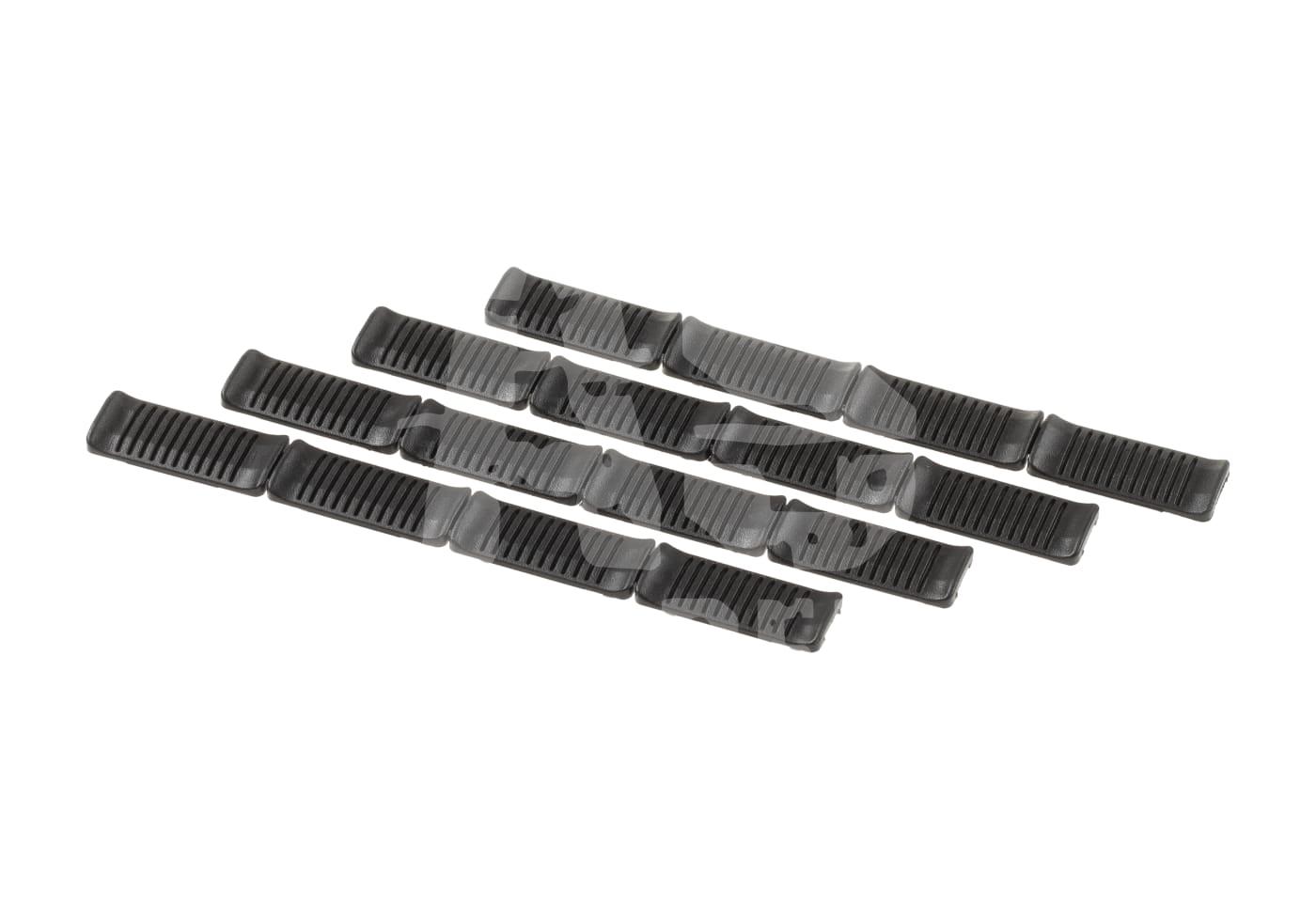 Schwarz geriffelte Rail-Abdeckungen für Airsoft-Waffen, vier Stück horizontal angeordnet.
