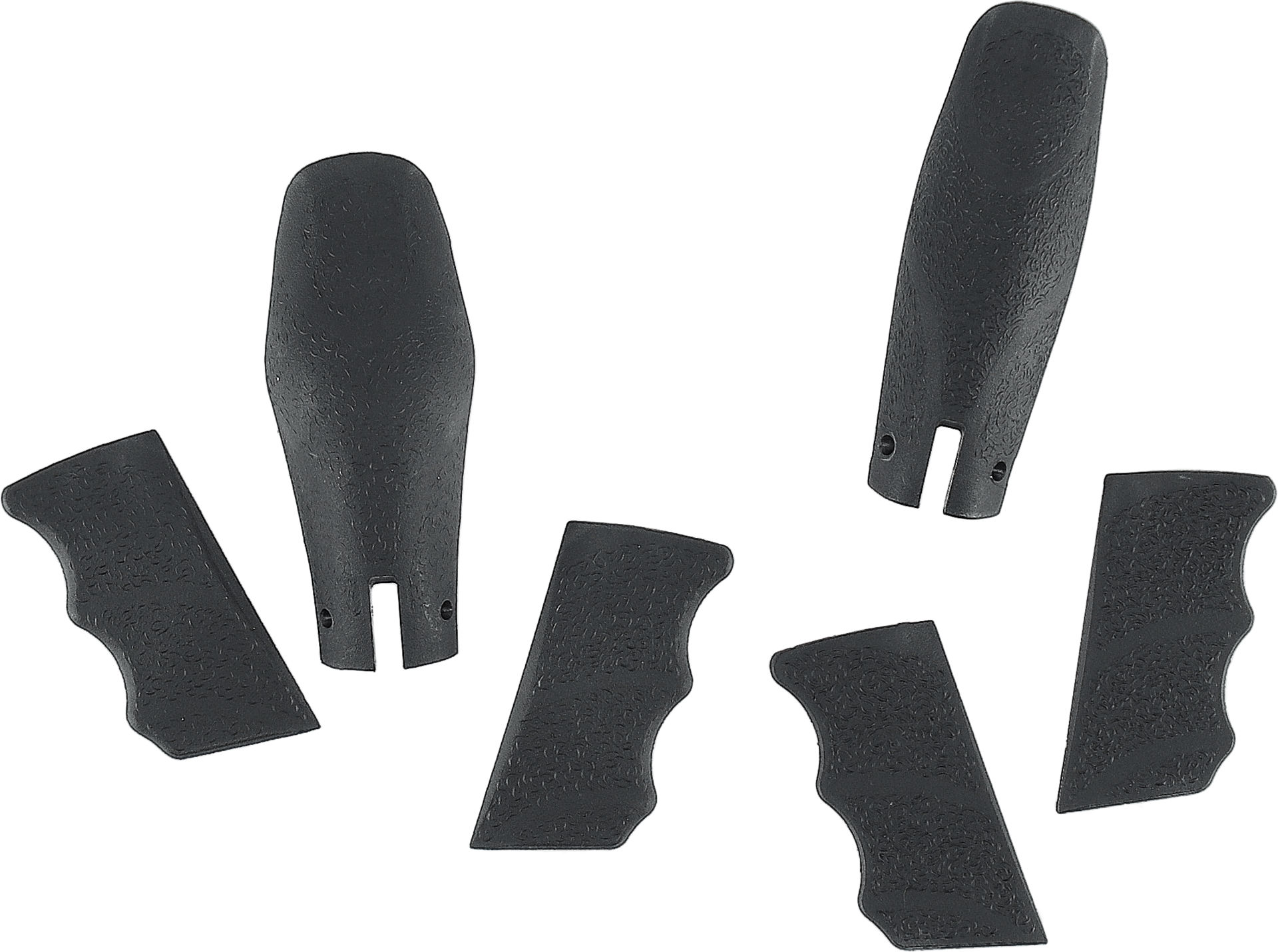 Schwarze Airsoft-Griffschalen-Set in verschiedenen Formen für Pistolen.