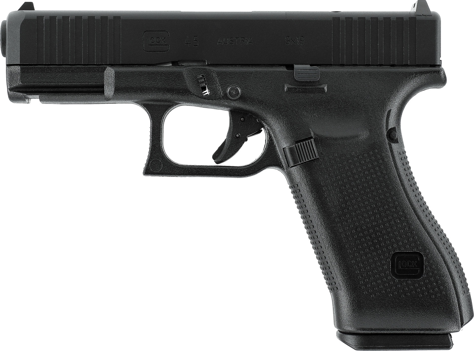Schwarze Airsoft-Pistole, seitliche Ansicht, kompakte Bauweise, strukturiertes Griffstück.