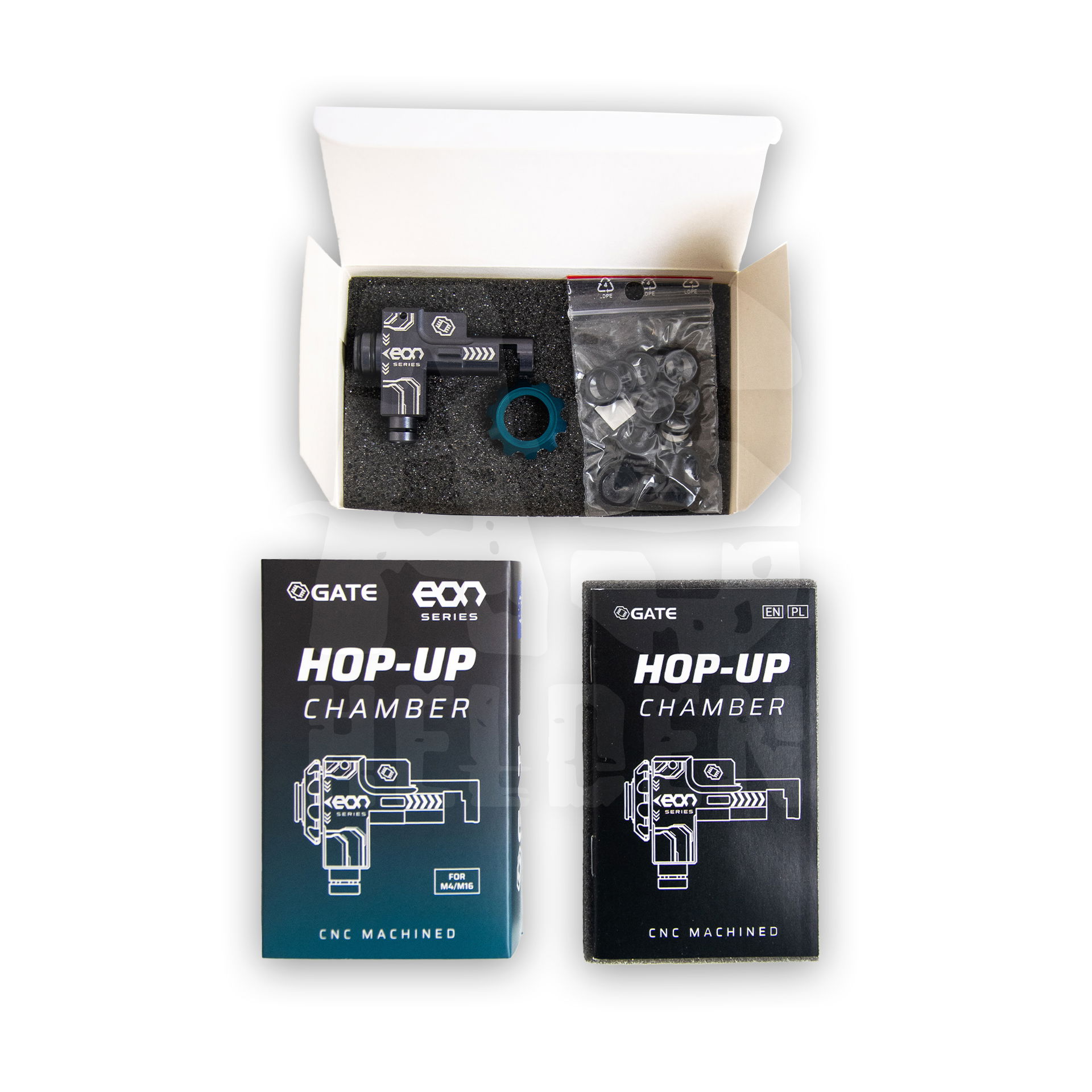 Gate EON Hop Up Chamber für V2 Hop-Up Chamber Set von Gate mit Kartons und Komponenten für Airsoft-Waffen.