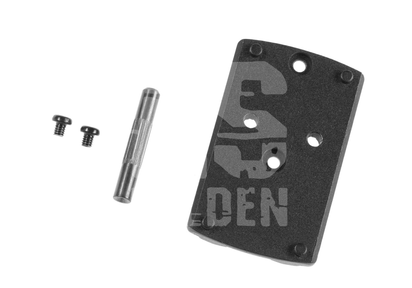 Montageplatte mit Schrauben und Stift für Airsoft-Zubehör.