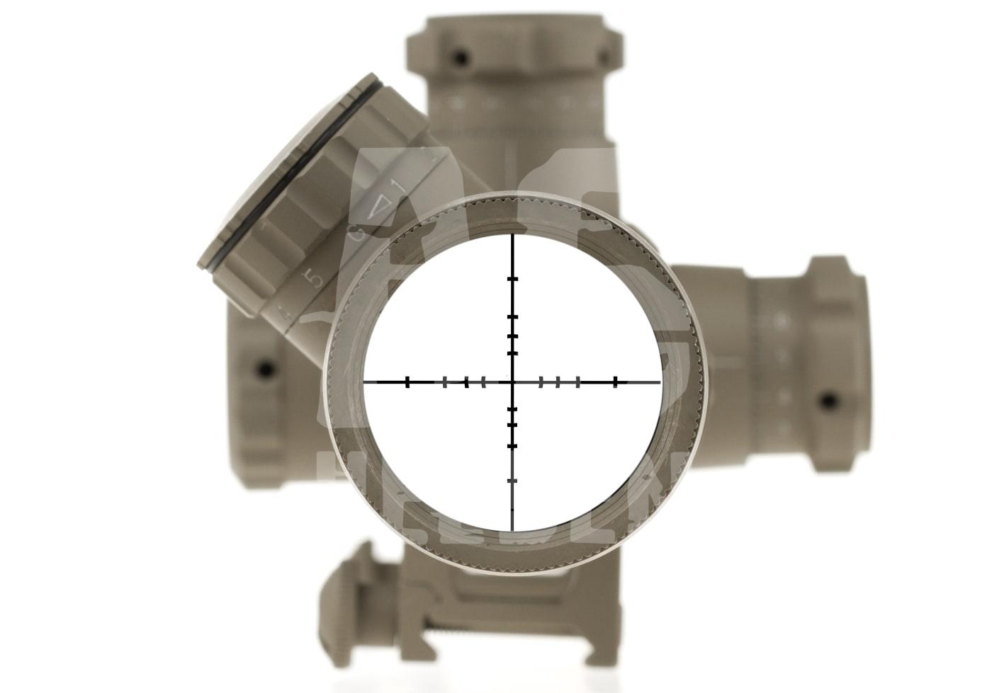 Zielfernrohr mit Fadenkreuz-Sicht, seitliche Verstellknöpfe, ideal für Airsoft-Präzision.