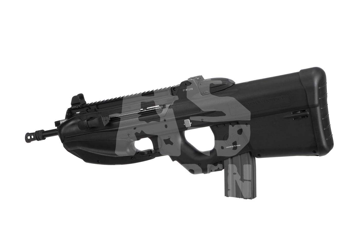 Airsoft-Bullpup-Gewehr seitlich, schwarzes Design, modernes Aussehen.