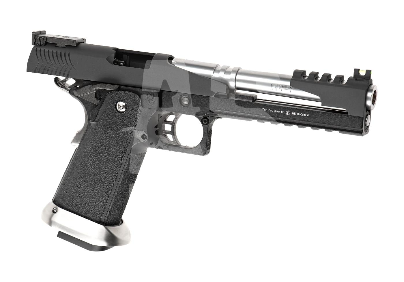 WE Hi-Capa 6 T-Rex Customs Titanium Barrel Full Metal GBB - ab 18 Jahren Airsoft-Pistole mit freiliegendem silbernem Lauf und schwarzem Griff, seitlich betrachtet.