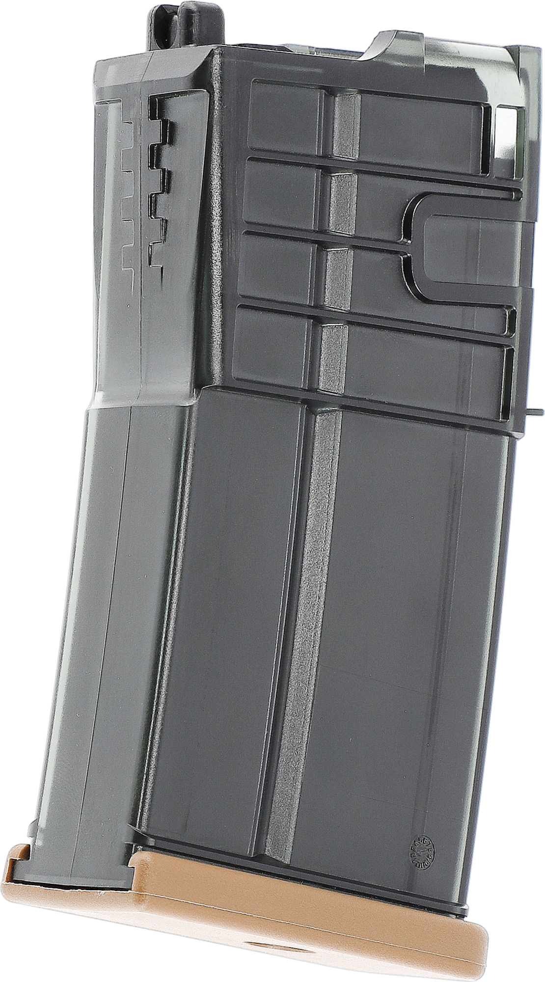 Airsoft-Magazin in Schwarz mit beiger Basis. Kompatibel mit gängigen Sturmgewehren im Airsoftbereich.