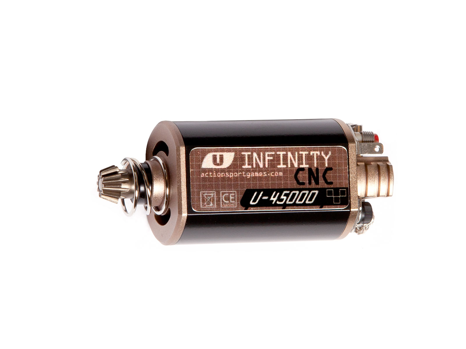 Airsoft-Tuningmotor U-45000 Infinity CNC, schwarz-gold, seitliche Ansicht.