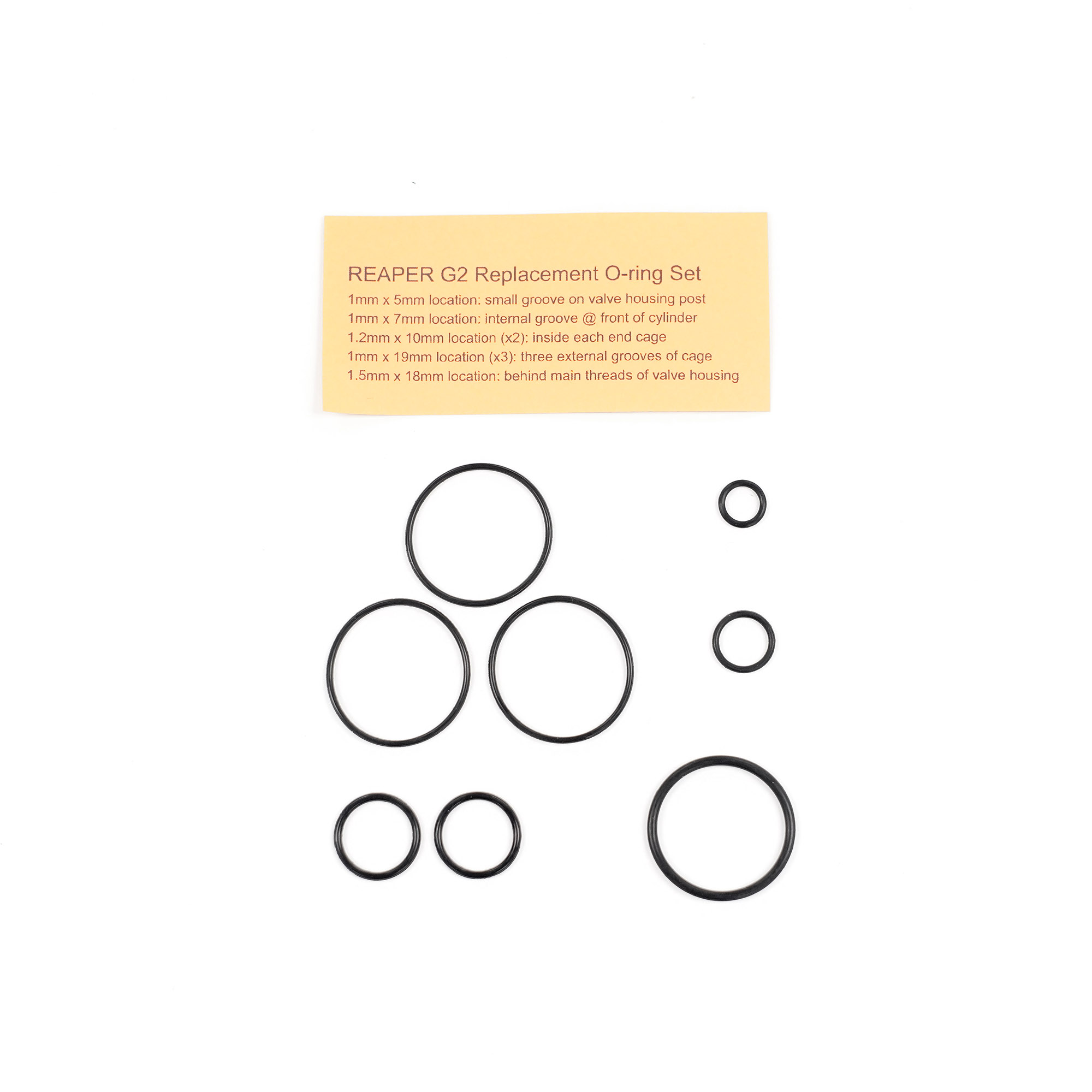 REAPER G2 Ersatz-O-Ring-Set, verschiedene Größen, auf weißem Hintergrund mit Anleitungskarte.