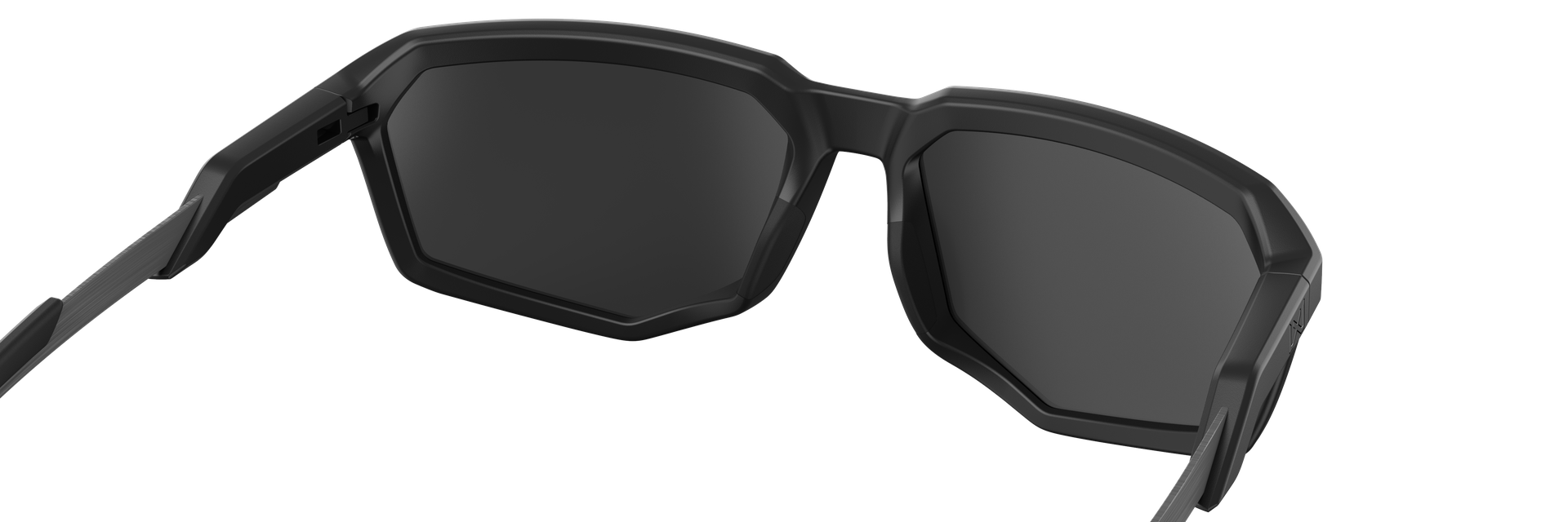 Schwarze Sonnenbrille mit polygonalen Gläsern und breitem Rahmen, Rückansicht.
