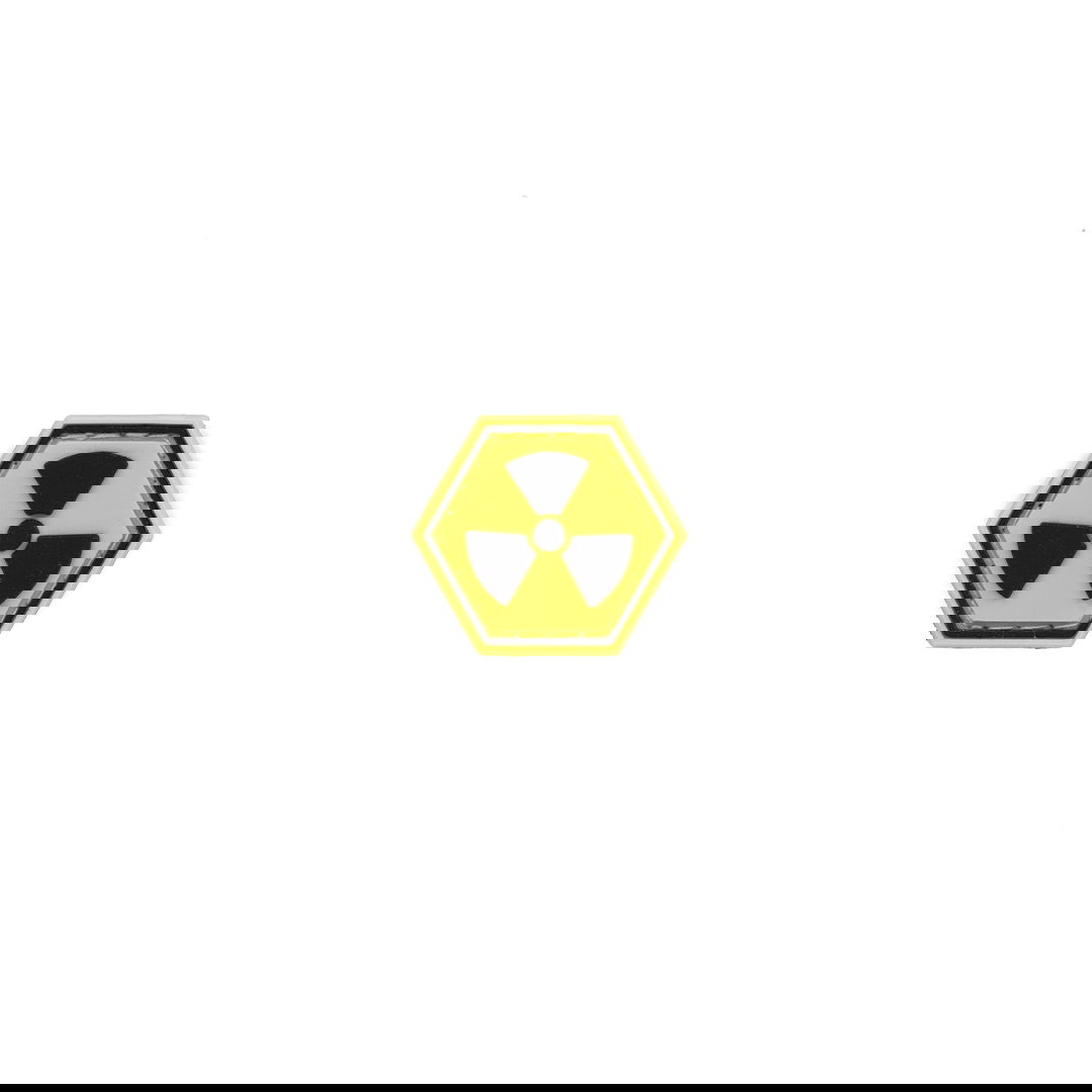 Hexagonaler gelber Patch mit schwarzem Radioaktiv-Symbol für Airsoft.