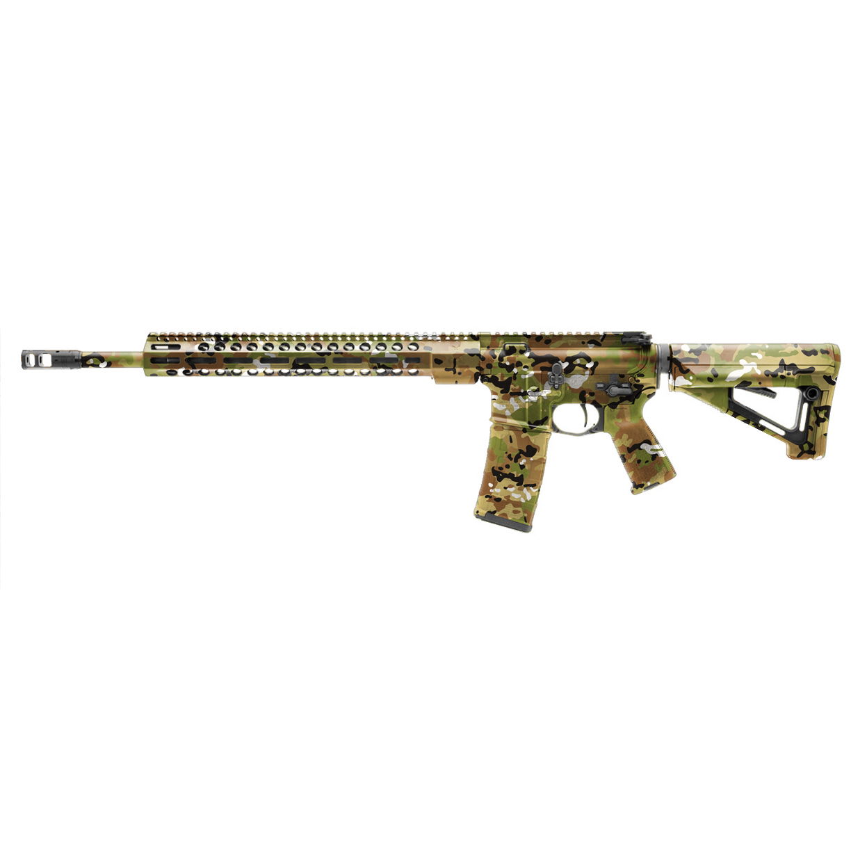 Airsoft-Gewehr in grüner und brauner Tarnung, vollständiges Profil von rechts.