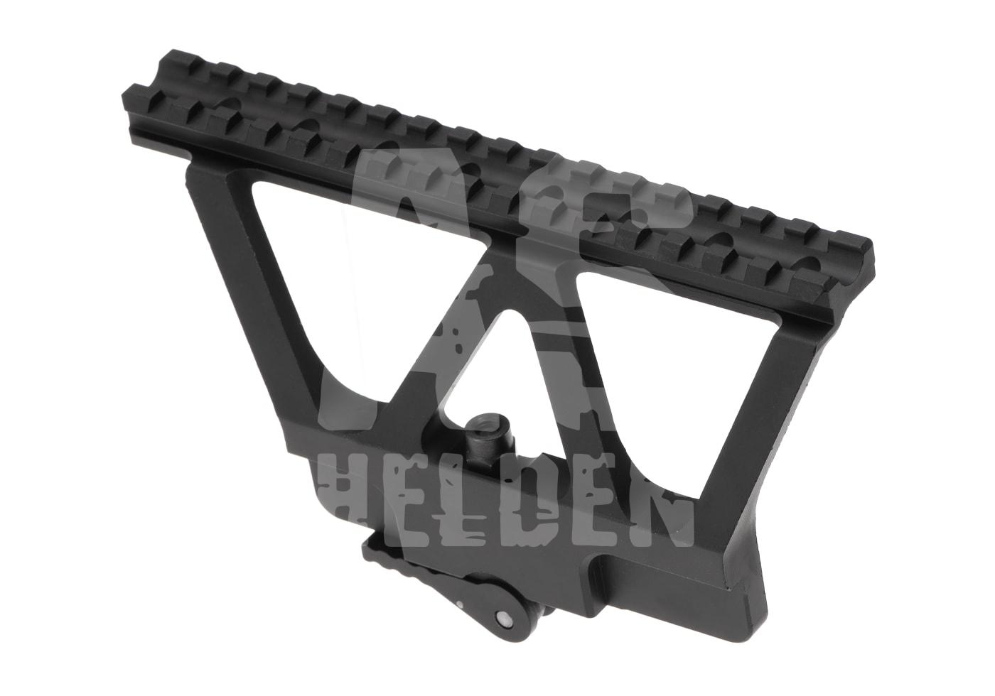 Taktische Picatinny Schienenhalterung aus schwarzem Metall für Airsoft-Zubehör.