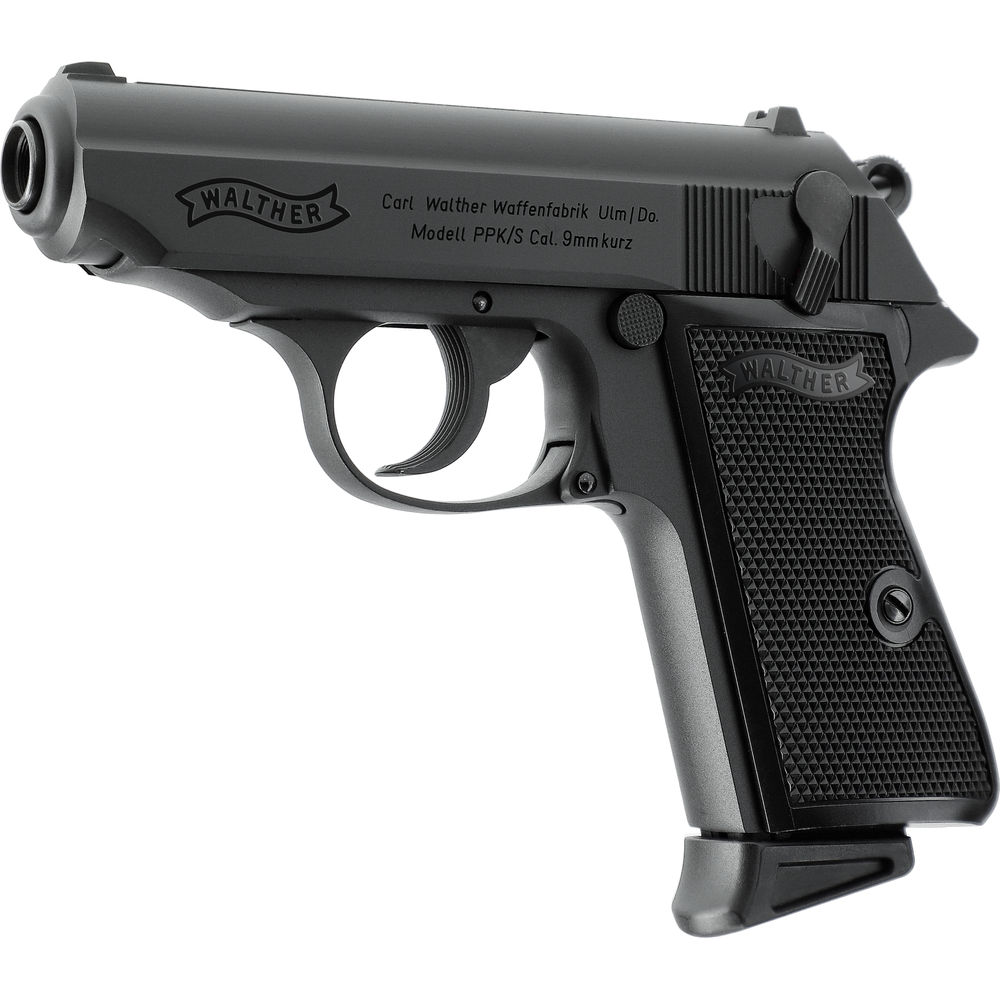 VFC Walther PPK/S GBB schwarz Walther PPK/S Airsoft-Pistole, 9mm kurz, schwarz, seitlichansicht.