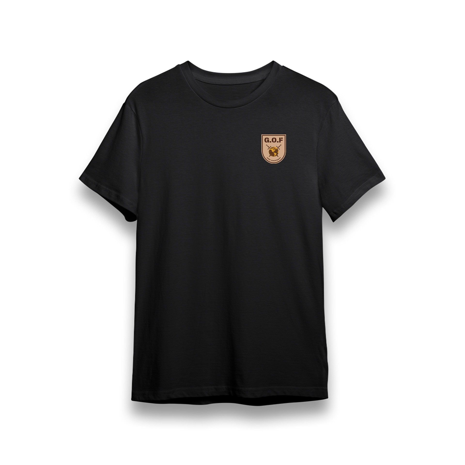 Schwarzes T-Shirt mit G.O.F Emblem auf der Brust, schlichtes Design, Airsoft-geeignet.