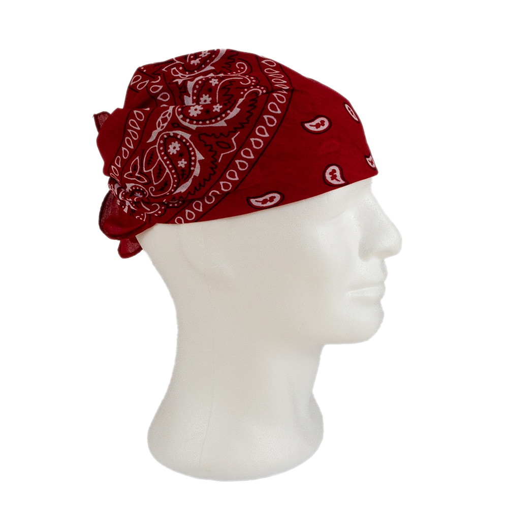 Rote Paisley-Bandana auf Schaufensterpuppe im Profil, ideal für Airsoft-Outfits.
