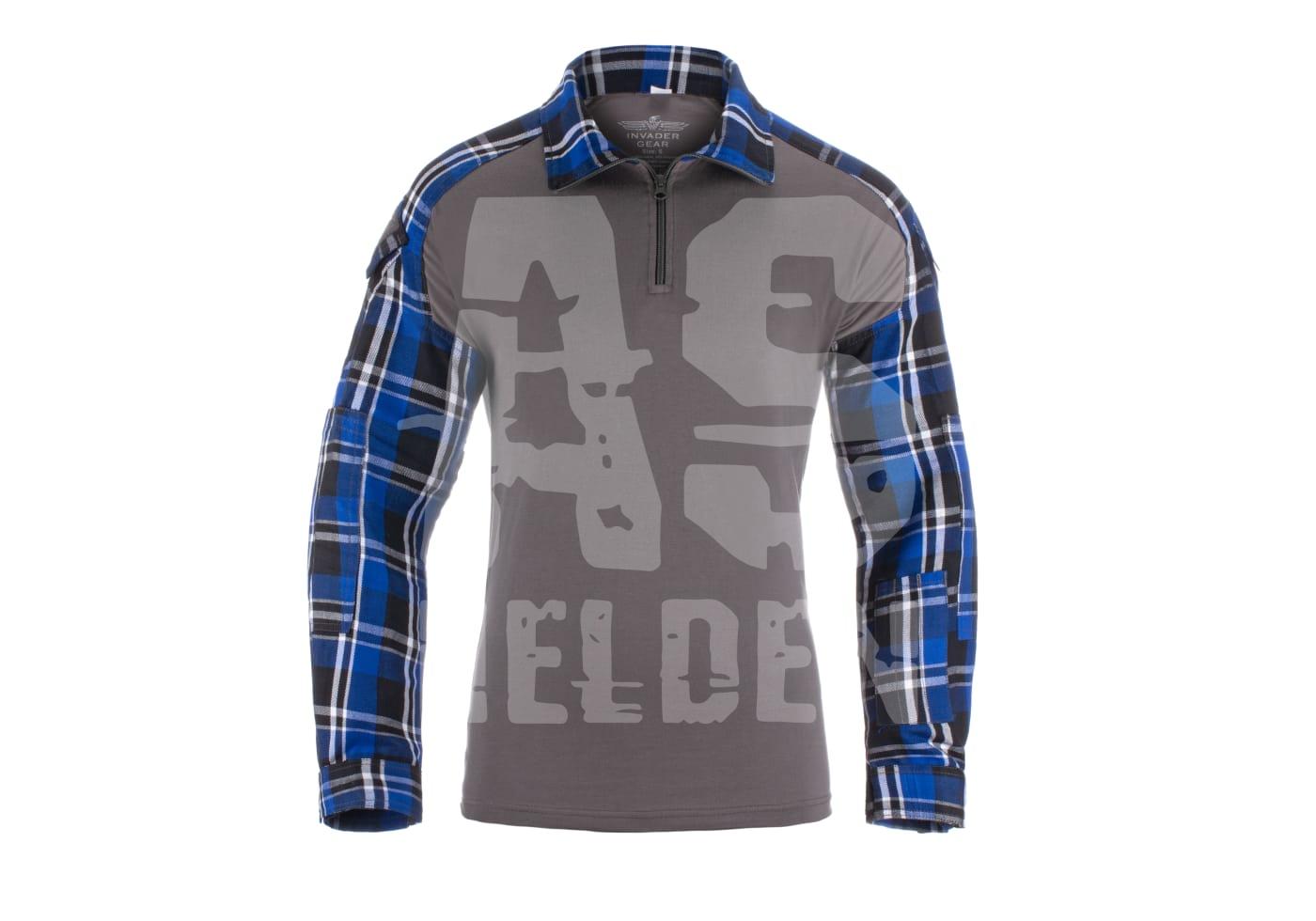 Flannel Combat Shirt Graues Airsoft-Shirt mit blau-karierten Ärmeln und Reißverschlusskragen.