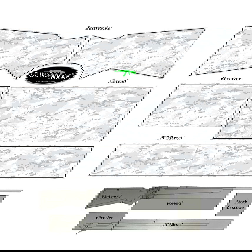 Tarnmuster-Schablonen für Airsoft-Gewehrteile: Schaft, Vorderschaft, Lauf und Empfänger.
