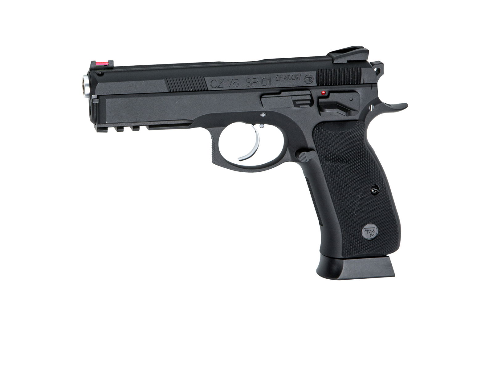 Airsoft-Pistole CZ 75 SP-01 Shadow, schwarz, seitliches Profil, realistisches Design.