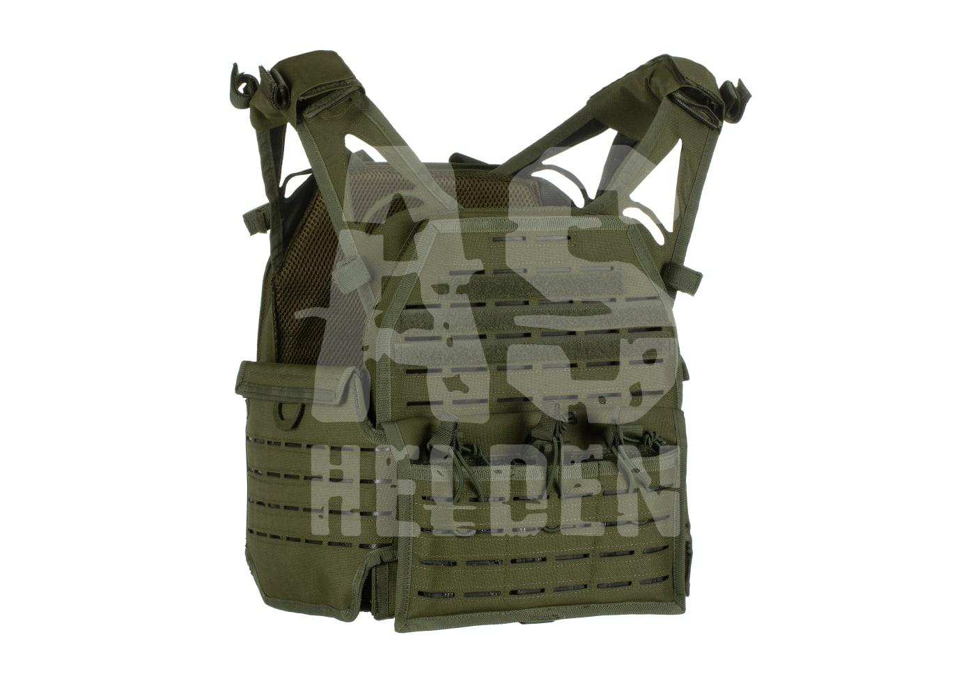 Taktische olivgrüne Weste mit MOLLE-System für Airsoft-Spieler.