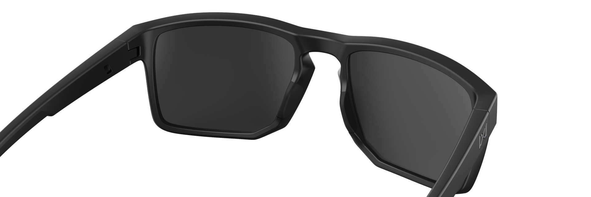 Schwarze taktische Schutzbrille mit robustem Rahmen und dunklen Gläsern, Rückansicht.