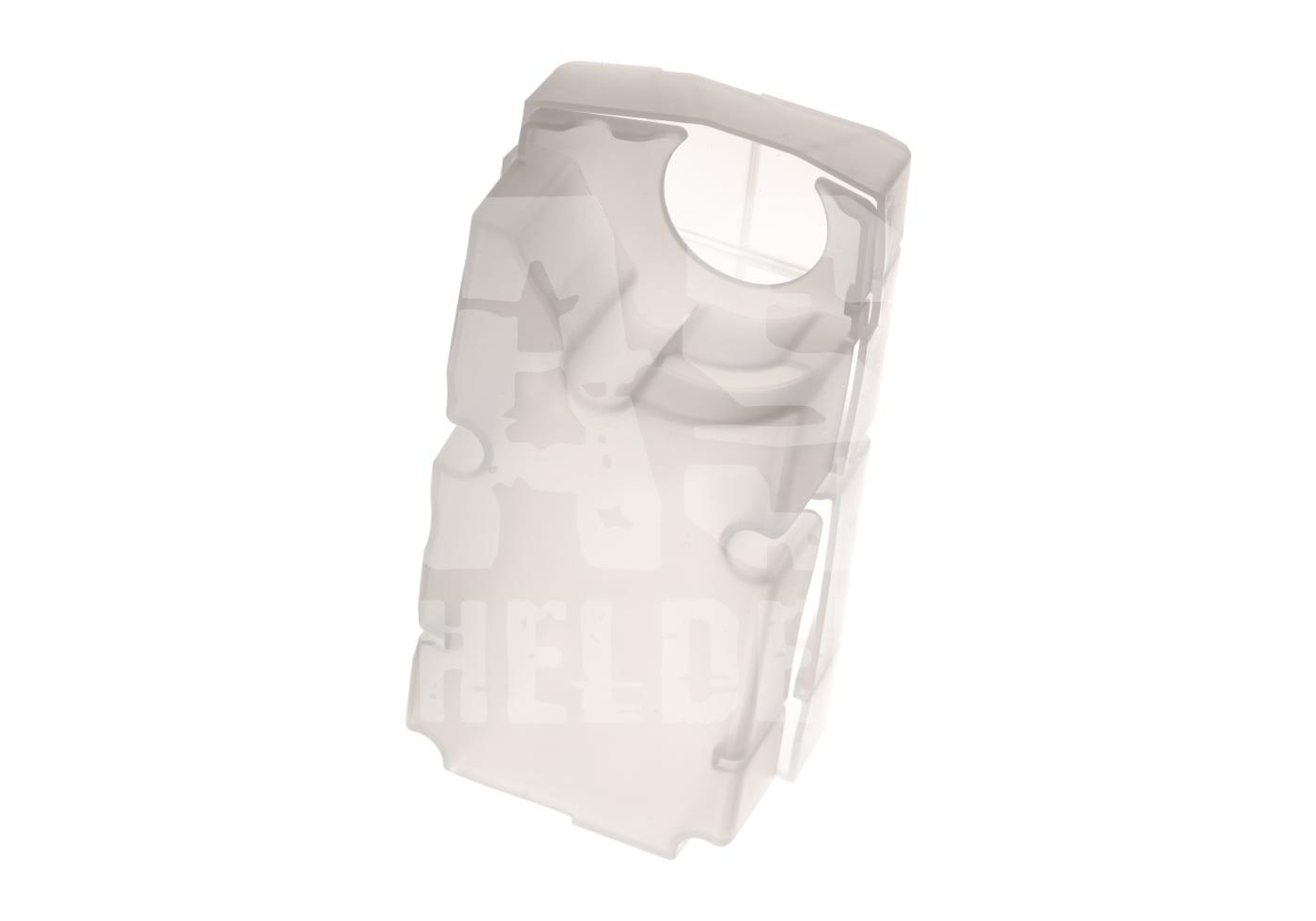 Durchsichtiges Airsoft-Magazin, seitlich leicht schräg fotografiert.