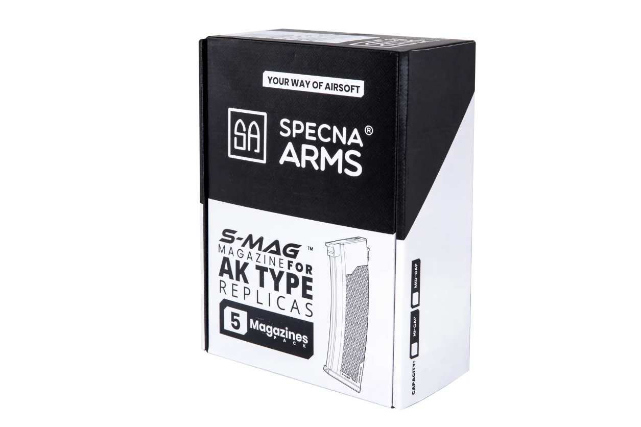 Verpackung von Specna Arms S-MAG für AK-Replicas, 5 Magazine im Set.