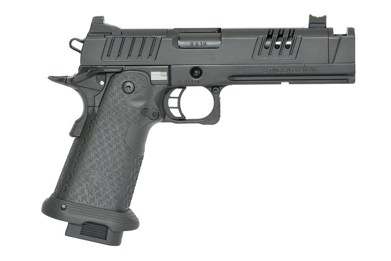Taktische schwarze Airsoft-Pistole mit strukturiertem Griff und Sichtfenstern im Schlitten.