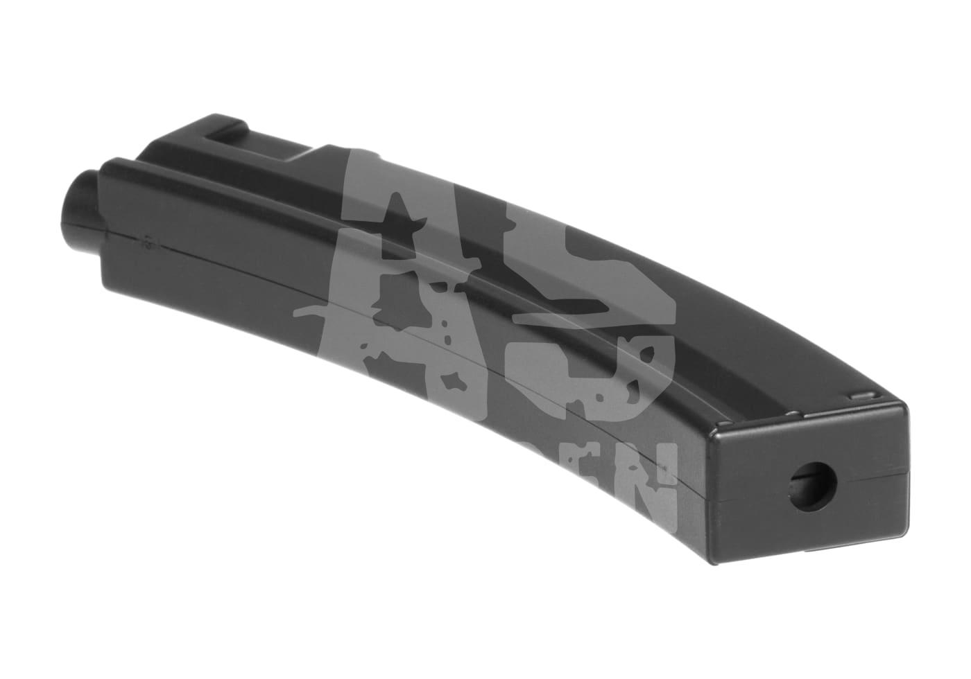 Schwarzes, gebogenes Airsoft-Magazin für Gewehre, seitliche Ansicht.