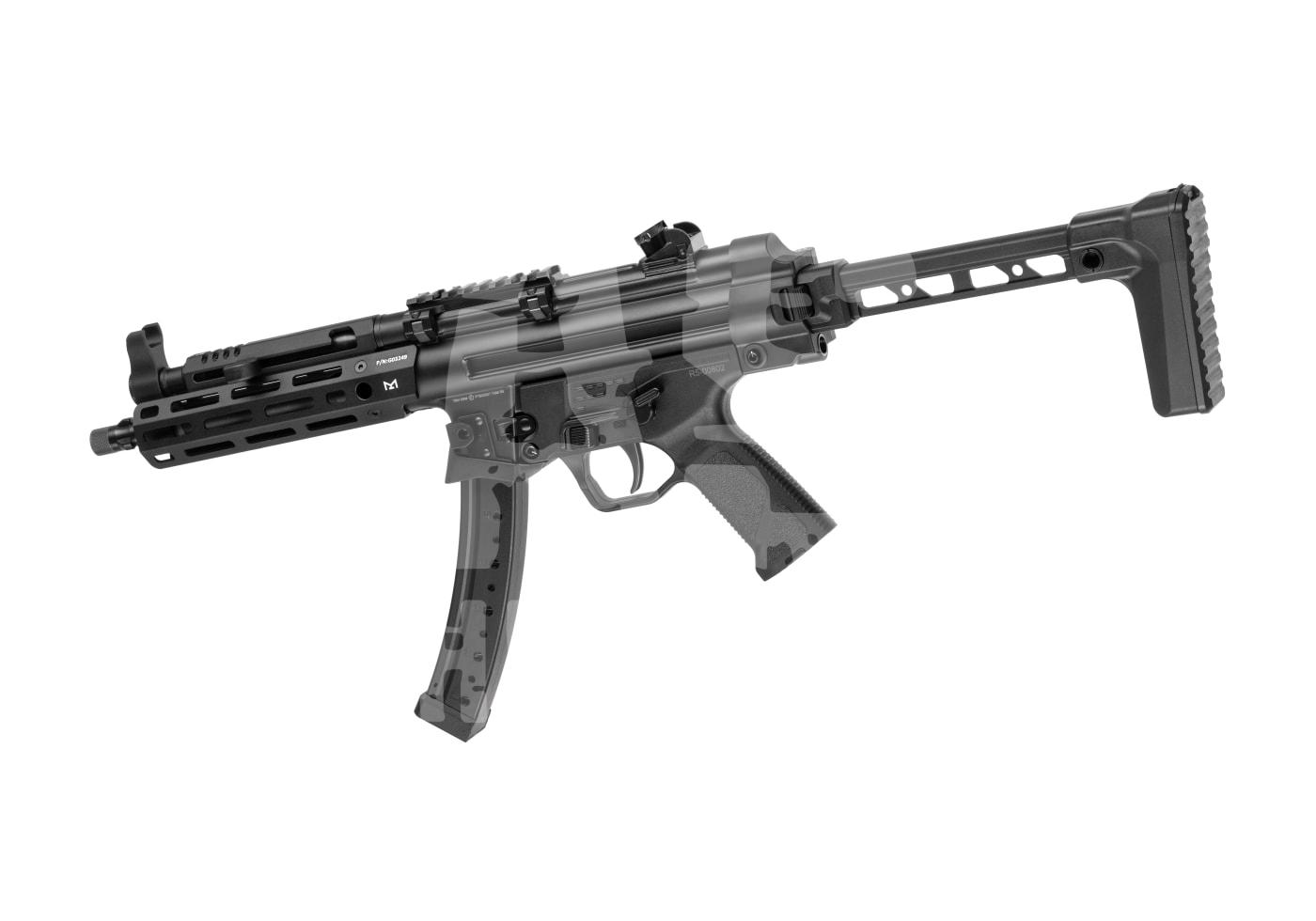 Airsoft-Gewehr mit taktischem Design, verstellbarem Schaft und M-Lok-Handschutz, seitlich dargestellt.