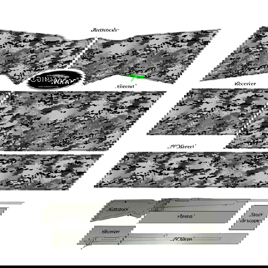 Tarnmuster-Aufkleber für Gewehrteile: Schaft, Vorderschaft, Receiver und Lauf, in Grau-Schwarz-Weiß.