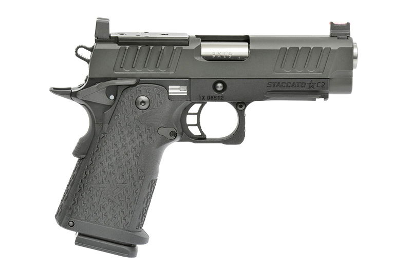 Schwarze Airsoft-Pistole, Modell 1911-inspiriert, Kompaktbauweise, mit strukturiertem Griff und taktischem Design.