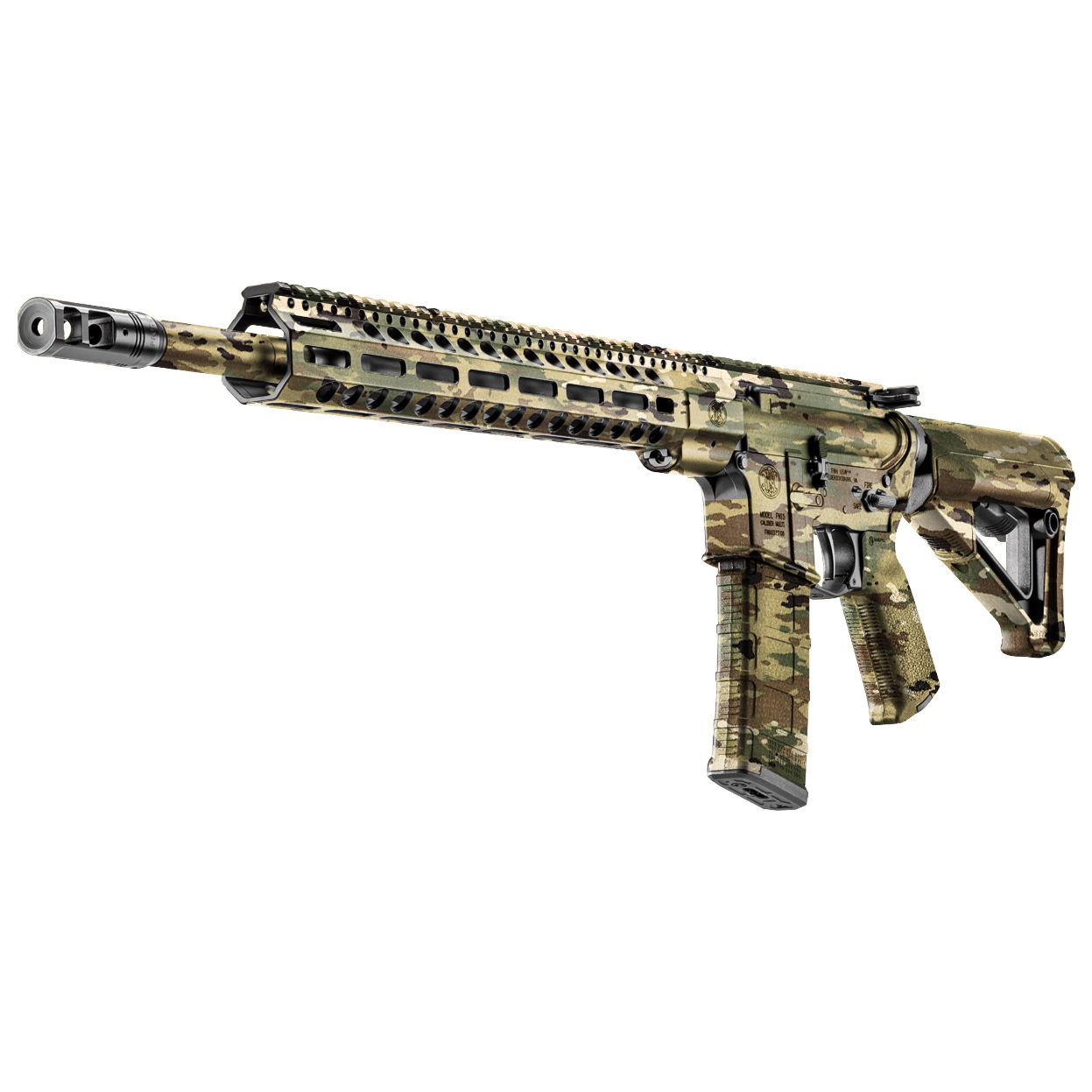 Airsoft-Gewehr im Tarnmuster mit taktischem Handgriff und Mündungsbremse, auf weißem Hintergrund dargestellt.