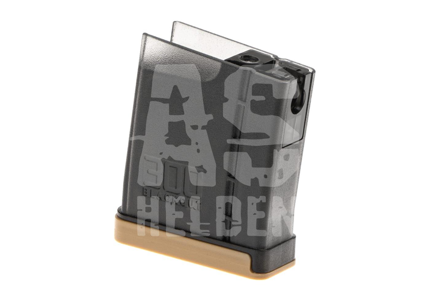 Schwarzes Airsoft-Magazin für 308 Blackout mit braunem Boden.