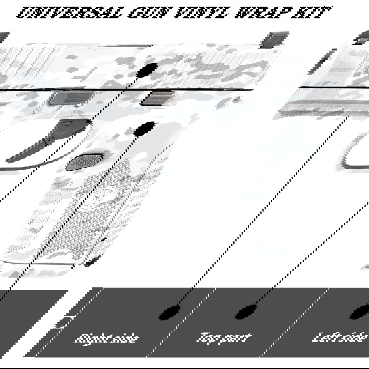 Pistole mit Schneetarn-Design-Vinylwrap, markierte Teile: rechte Seite, obere Seite, linke Seite.