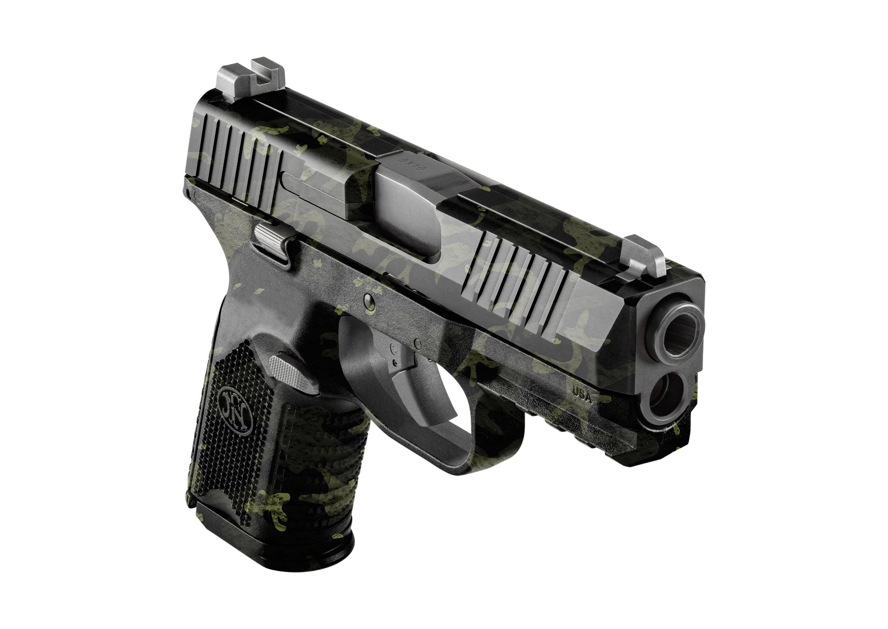 Tarnmuster-Luftpistole mit schwarzem Griff, seitlicher Ansicht, Detailaufnahme. Perfekt für Airsoft-Spiele.