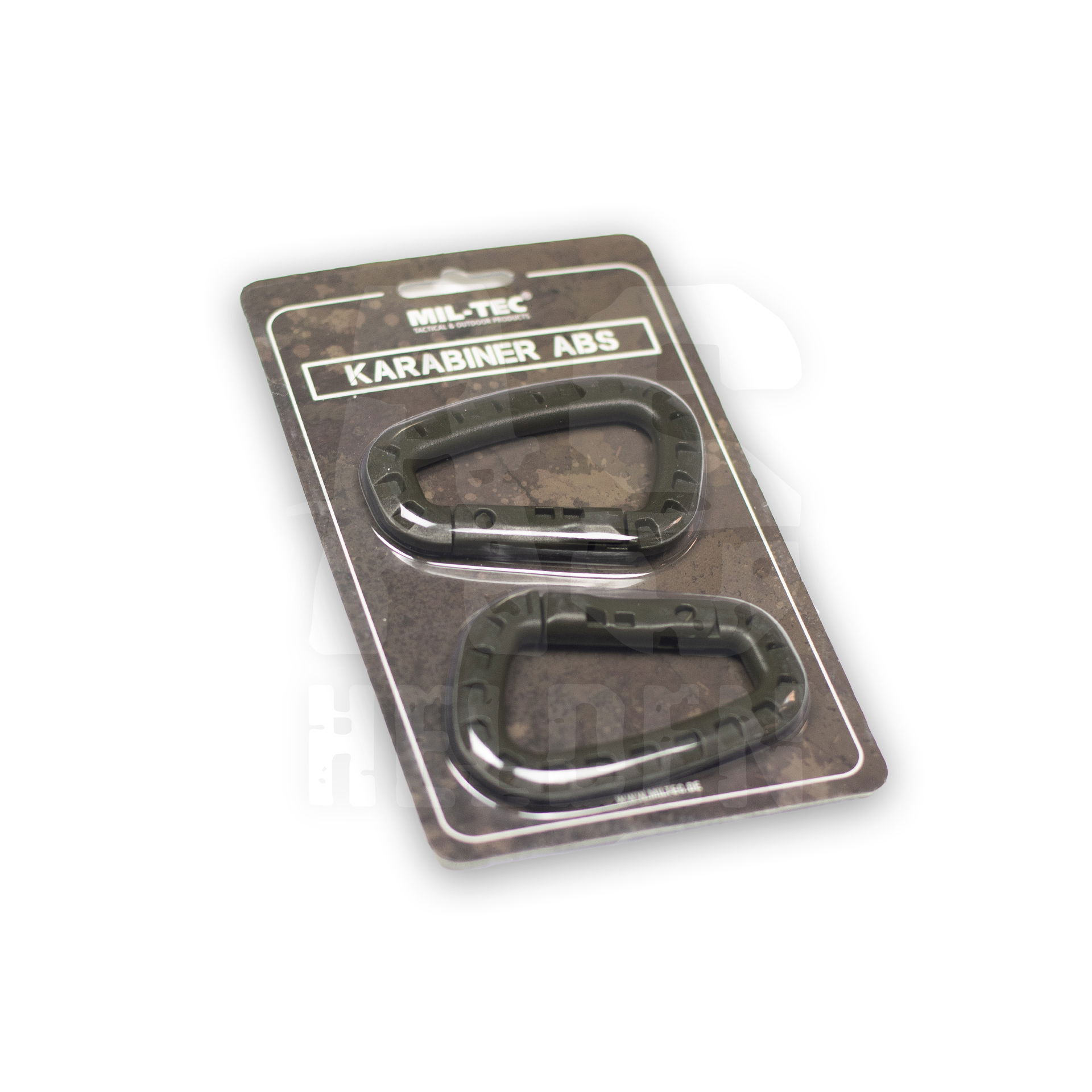 Zwei schwarze ABS-Karabinerhaken von Mil-Tec in Verpackung. Ideal für Airsoft-Zubehörbefestigung.