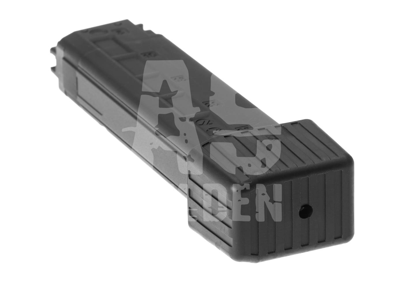 Schwarzes Airsoft-Magazin für Pistole. Robustes Design, kompakte Größe.