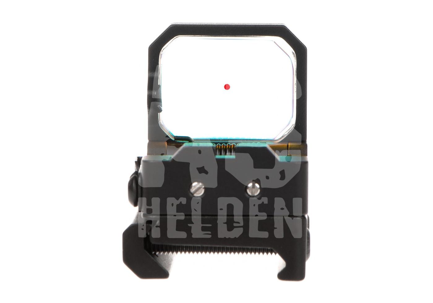 Flip Dot Reflex Sight Airsoft-Reflexvisier mit rotem Punkt, frontal, zur präzisen Zielerfassung.