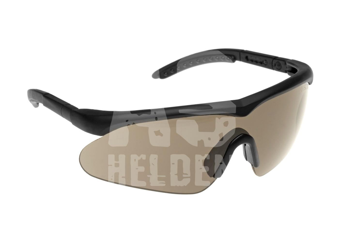 Schutzbrille mit getönten Gläsern und schwarzem Rahmen, ideal für Airsoft-Einsätze.