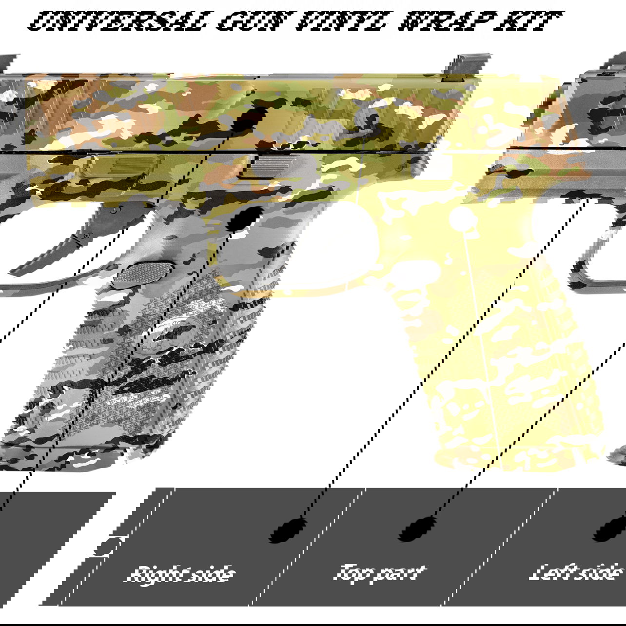 Pistole mit Tarnmuster, Teil eines universellen Vinyl-Wrapping-Kits, hervorgehobene Bereiche: rechte Seite, Oberteil, linke Seite.